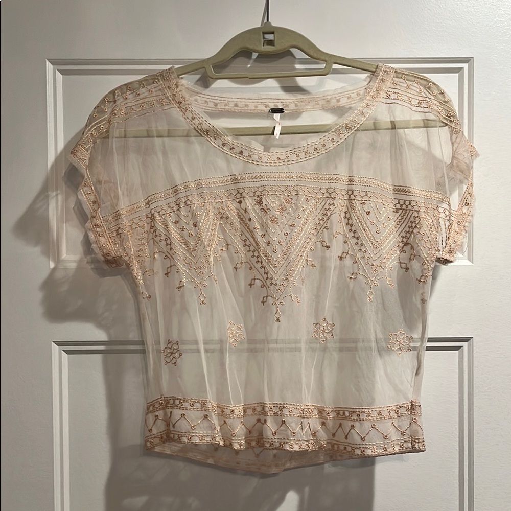 Free People Embroidered Sheer Cream Top
